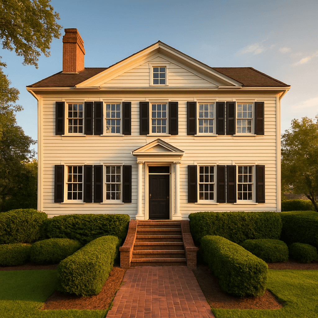 White Colonial-style residential property with hedges in Charleston, South Carolina.